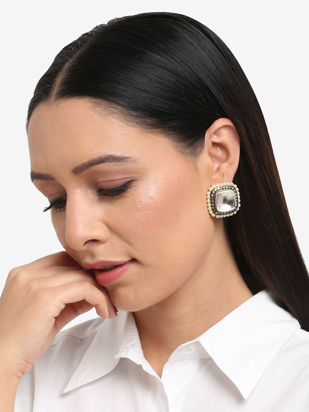 White Contemporary Studs Earrings - Ruby Raang | Grocsy