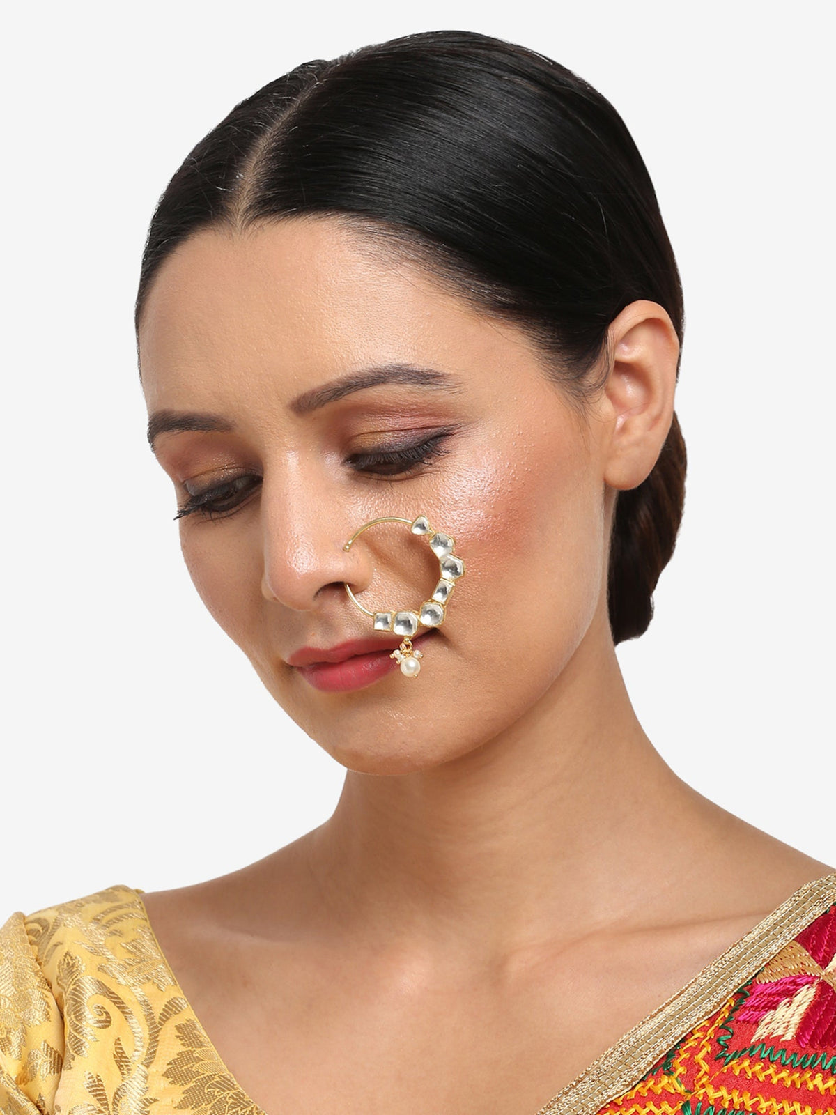 Gold-Polished White Kundan Studded Pearl Beaded Nose Pin - Ruby Raang | Grocsy