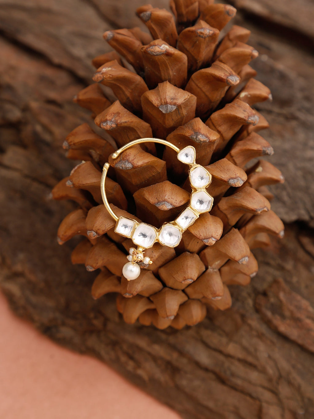 Gold-Polished White Kundan Studded Pearl Beaded Nose Pin - Ruby Raang | Grocsy