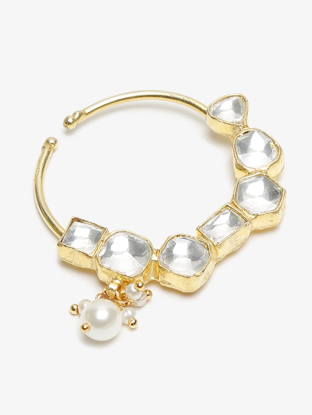 Gold-Polished White Kundan Studded Pearl Beaded Nose Pin - Ruby Raang | Grocsy