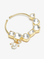 Gold-Polished White Kundan Studded Pearl Beaded Nose Pin - Ruby Raang | Grocsy