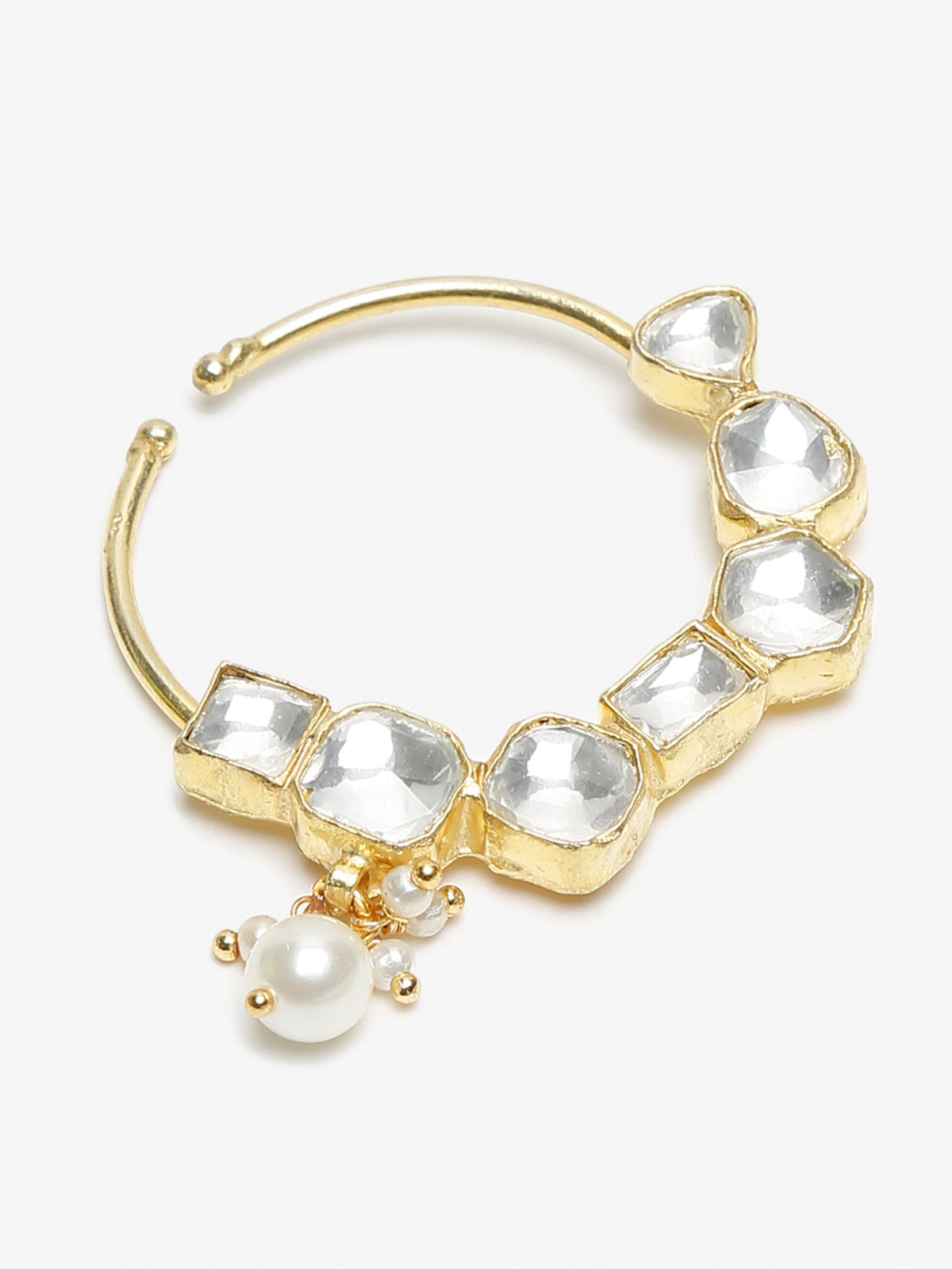 Gold-Polished White Kundan Studded Pearl Beaded Nose Pin - Ruby Raang | Grocsy