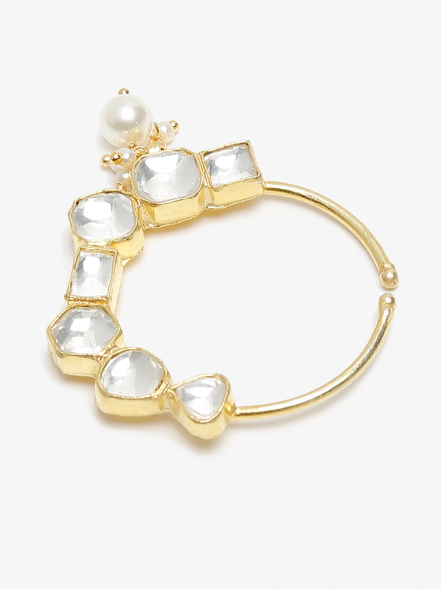 Gold-Polished White Kundan Studded Pearl Beaded Nose Pin - Ruby Raang | Grocsy