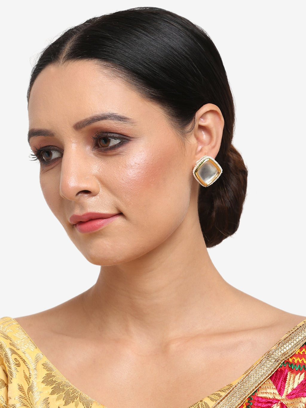 White Artificial Stone Beads Studded Contemporary Studs Earrings - Ruby Raang | Grocsy