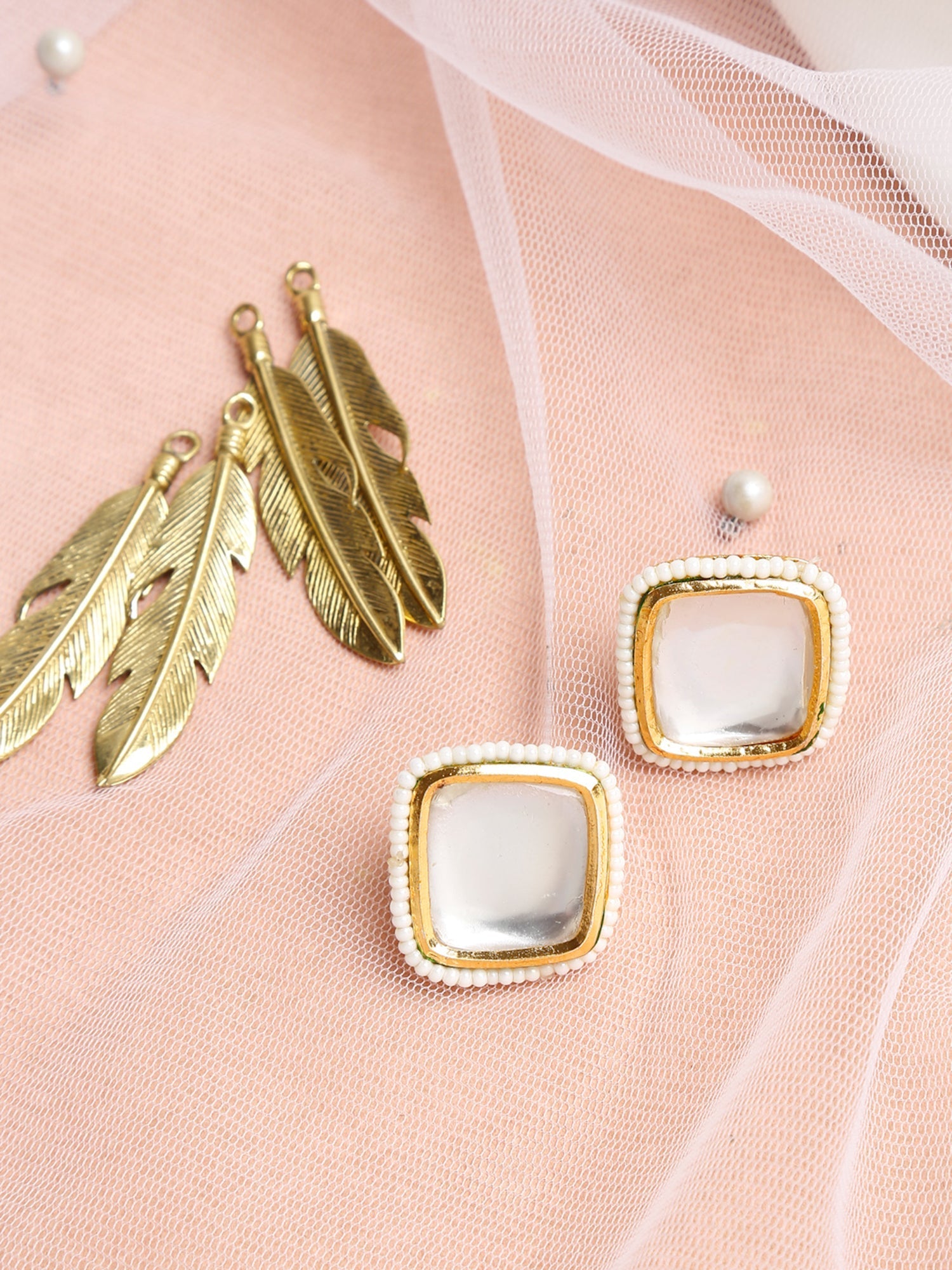 White Artificial Stone Beads Studded Contemporary Studs Earrings - Ruby Raang | Grocsy