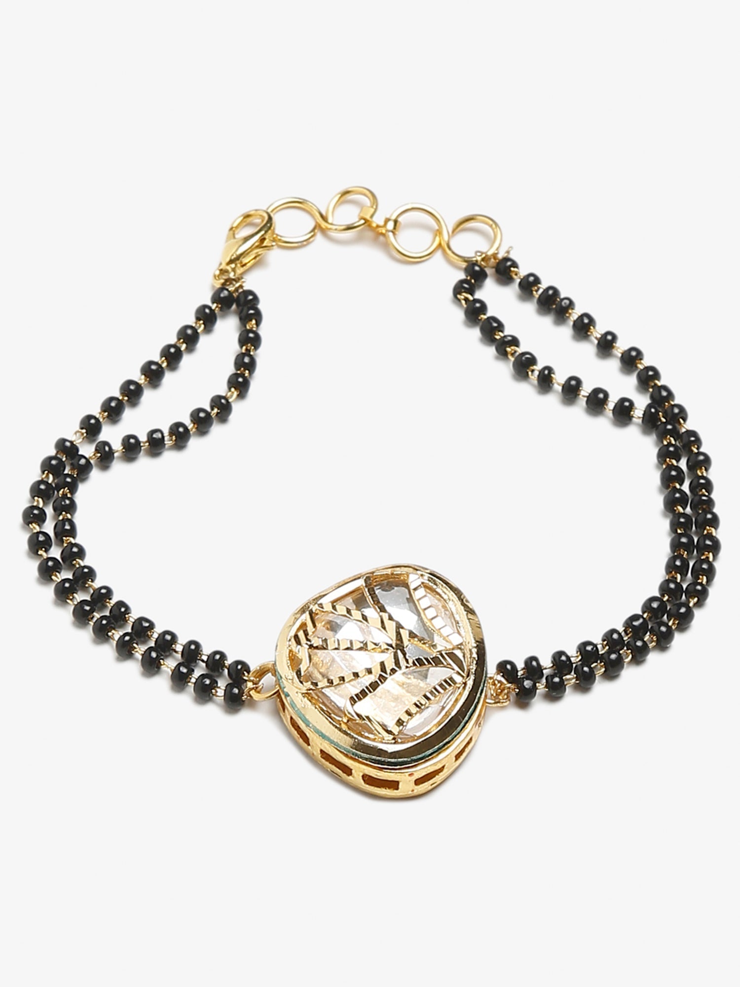 Women's Black Gold-Polished Charm Kundan Studded Mangalsutra Bracelet - Ruby Raang