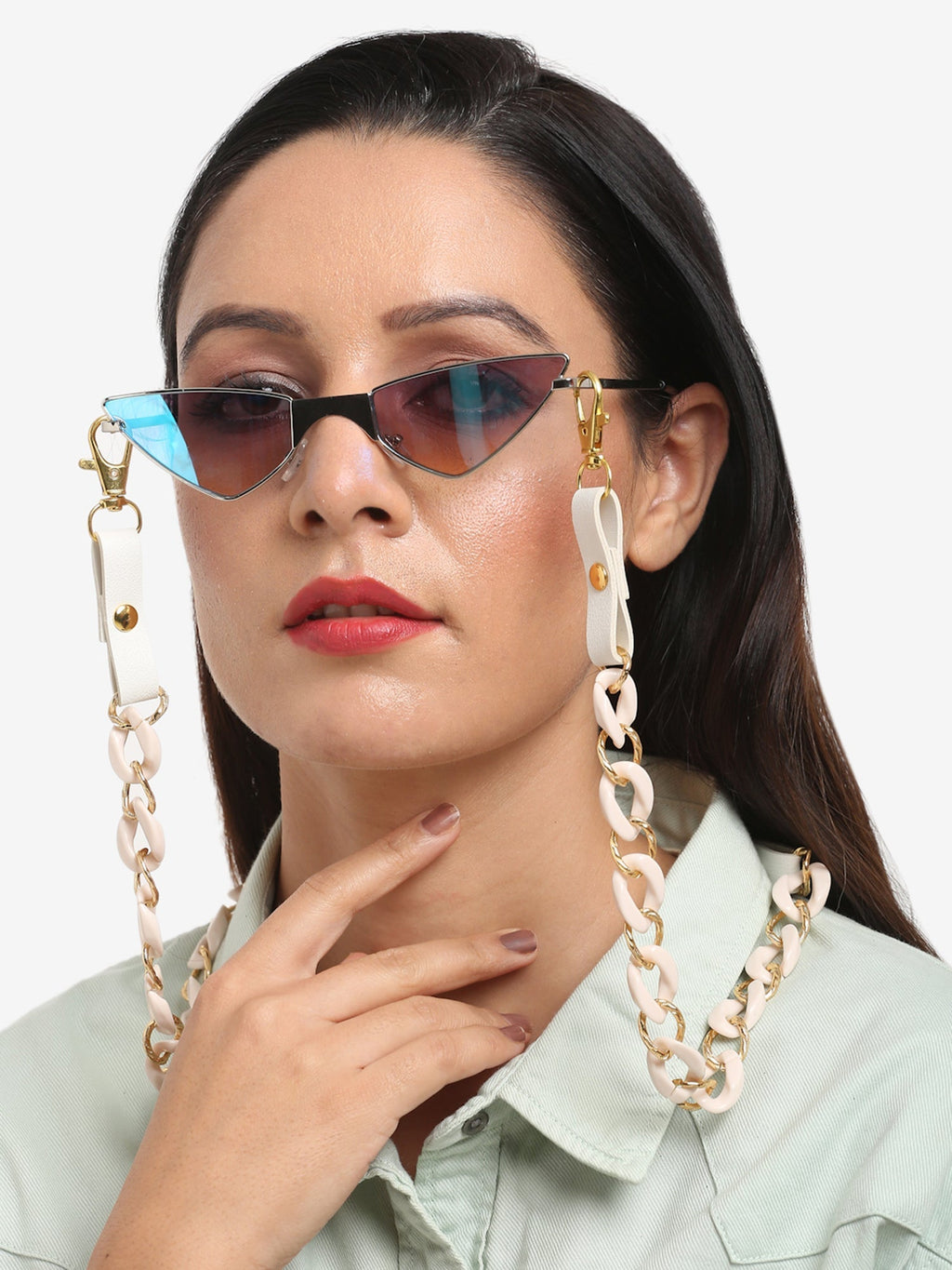 White Gold-Toned Beaded Mask Chain - Ruby Raang | Grocsy