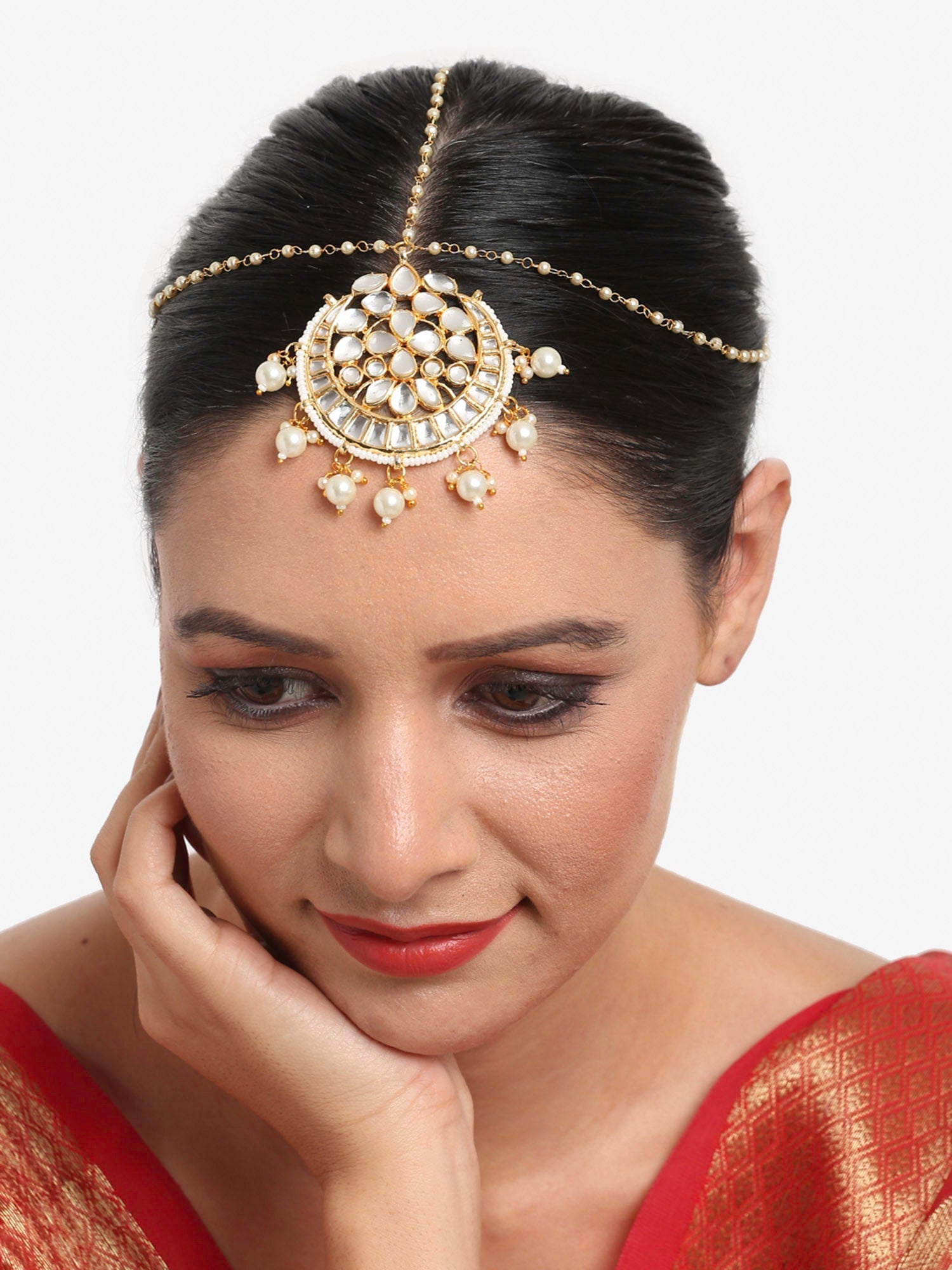 Gold-Polished White Kundan-Studded Pearl Beaded Handcrafted Maatha Patti - Ruby Raang | Grocsy