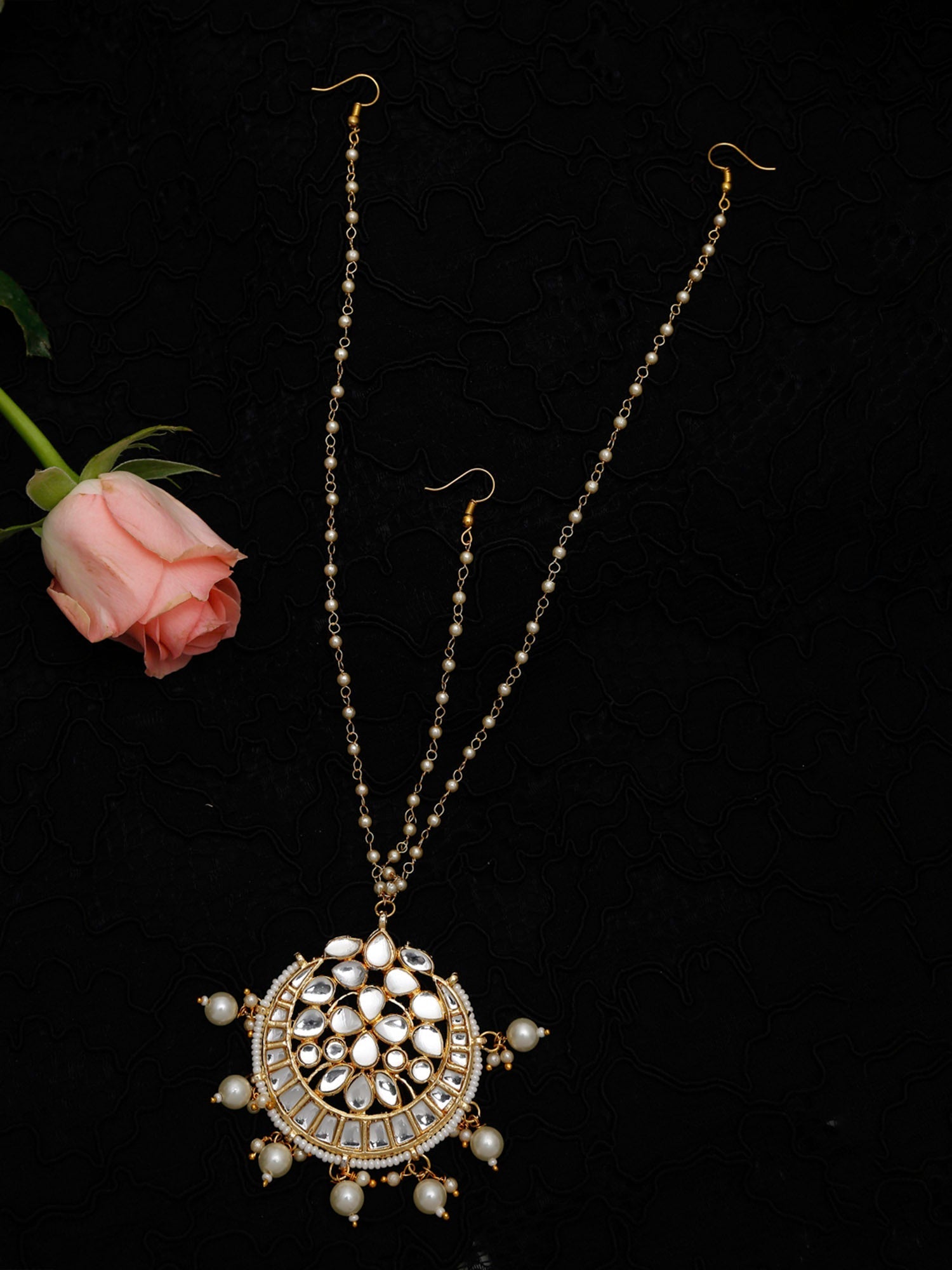 Gold-Polished White Kundan-Studded Pearl Beaded Handcrafted Maatha Patti - Ruby Raang | Grocsy
