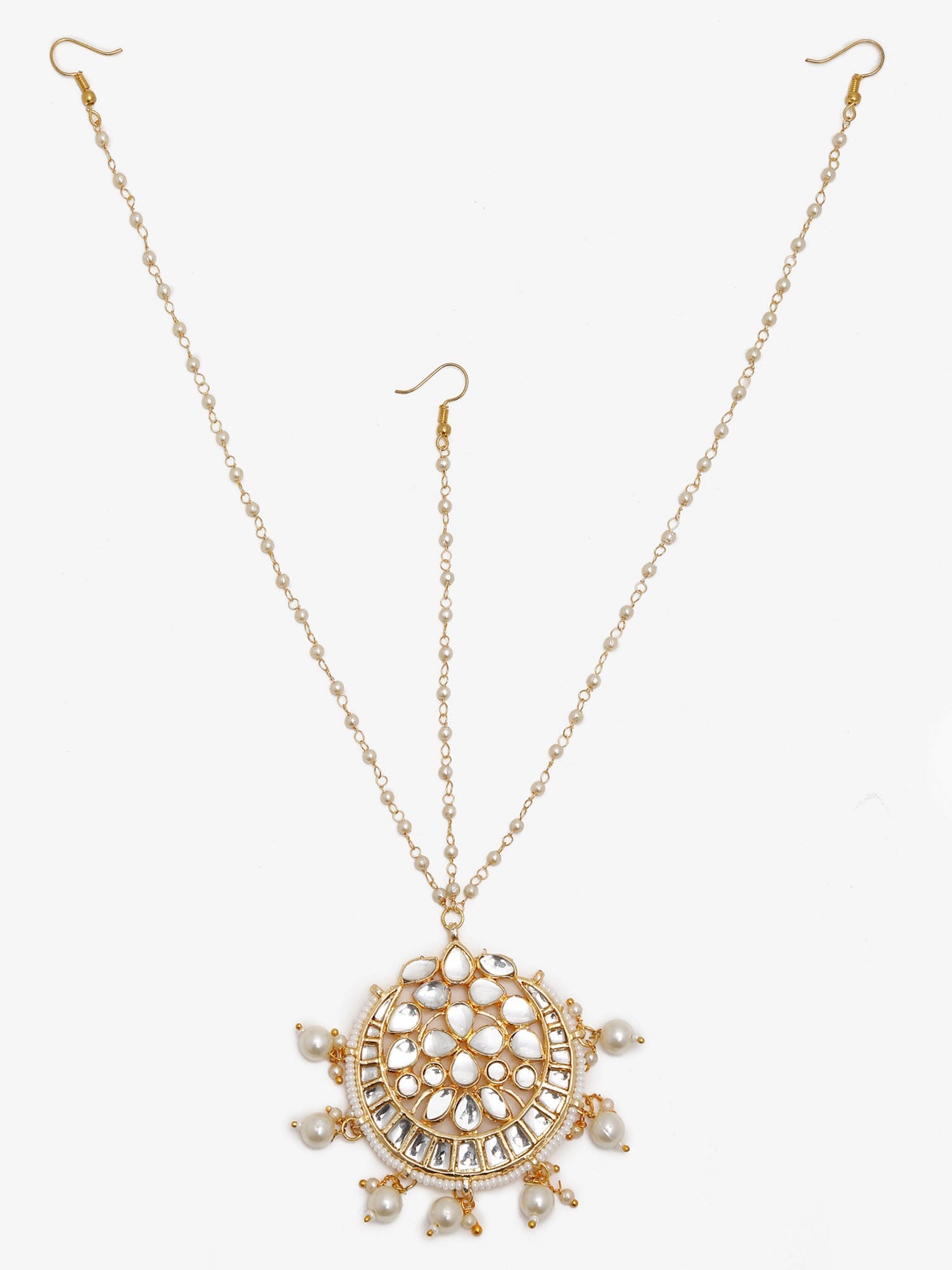 Gold-Polished White Kundan-Studded Pearl Beaded Handcrafted Maatha Patti - Ruby Raang | Grocsy