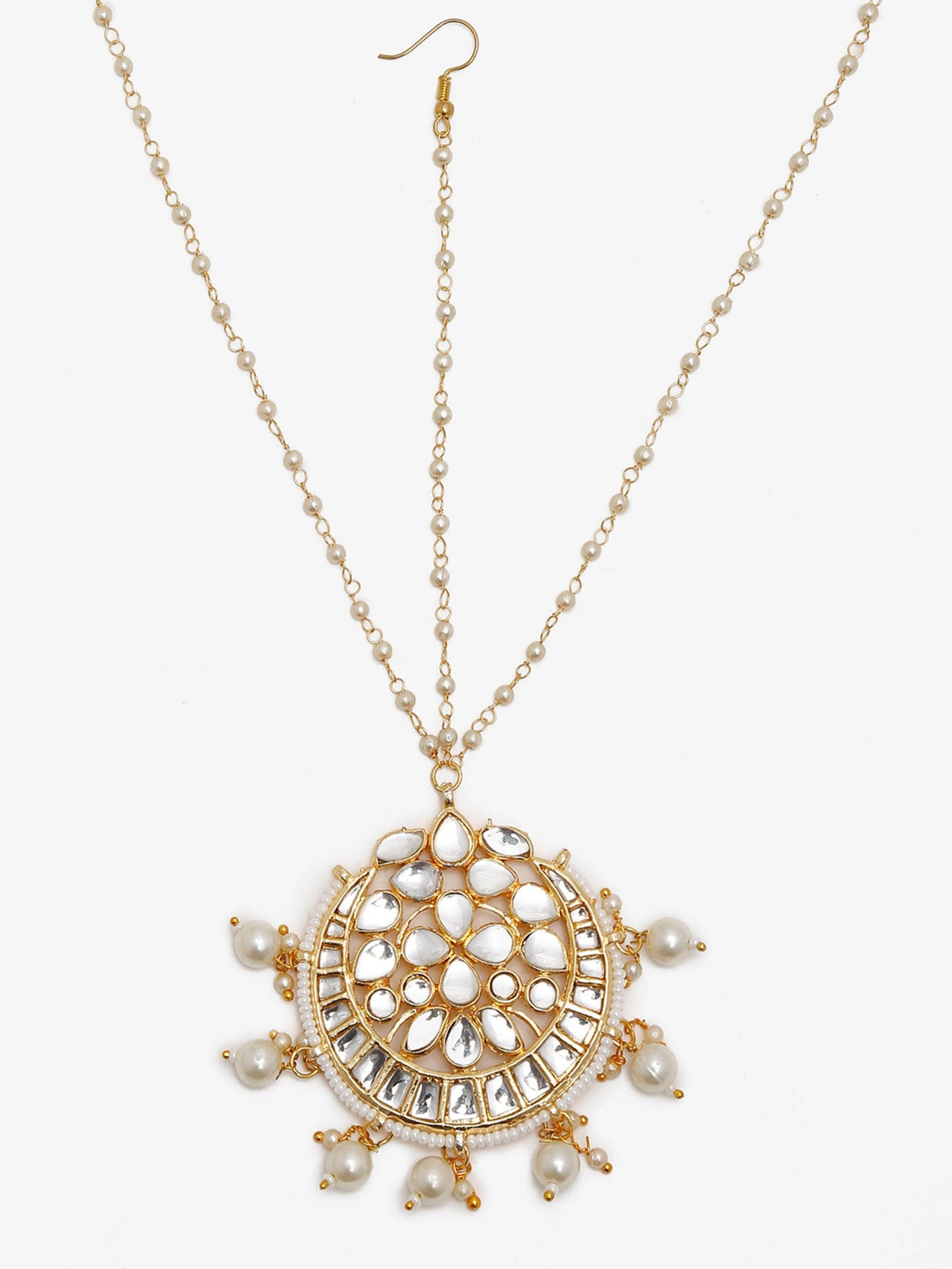 Gold-Polished White Kundan-Studded Pearl Beaded Handcrafted Maatha Patti - Ruby Raang | Grocsy