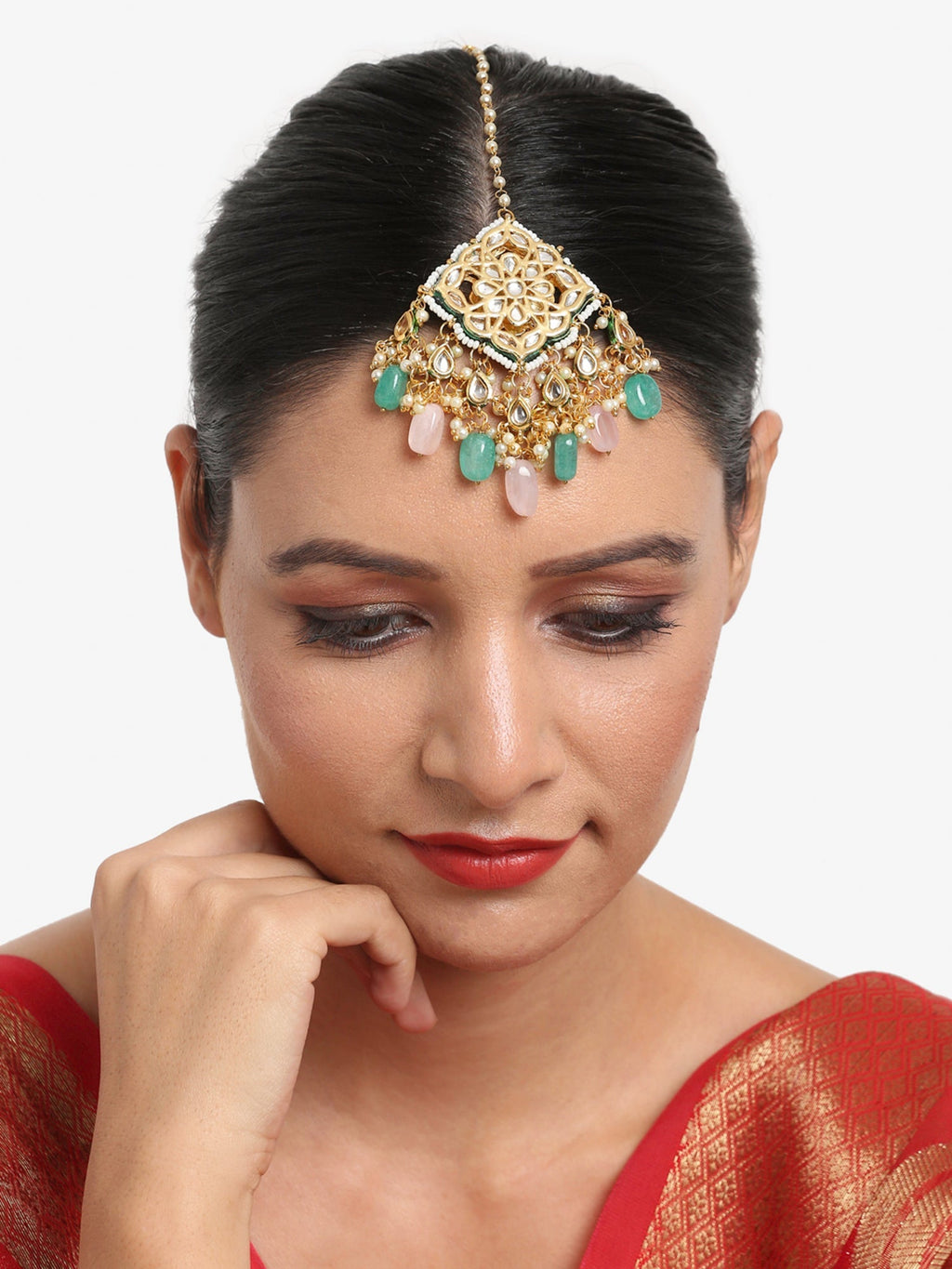 Multicoloured Gold-Polished Kundan Maang Tikka - Ruby Raang | Grocsy