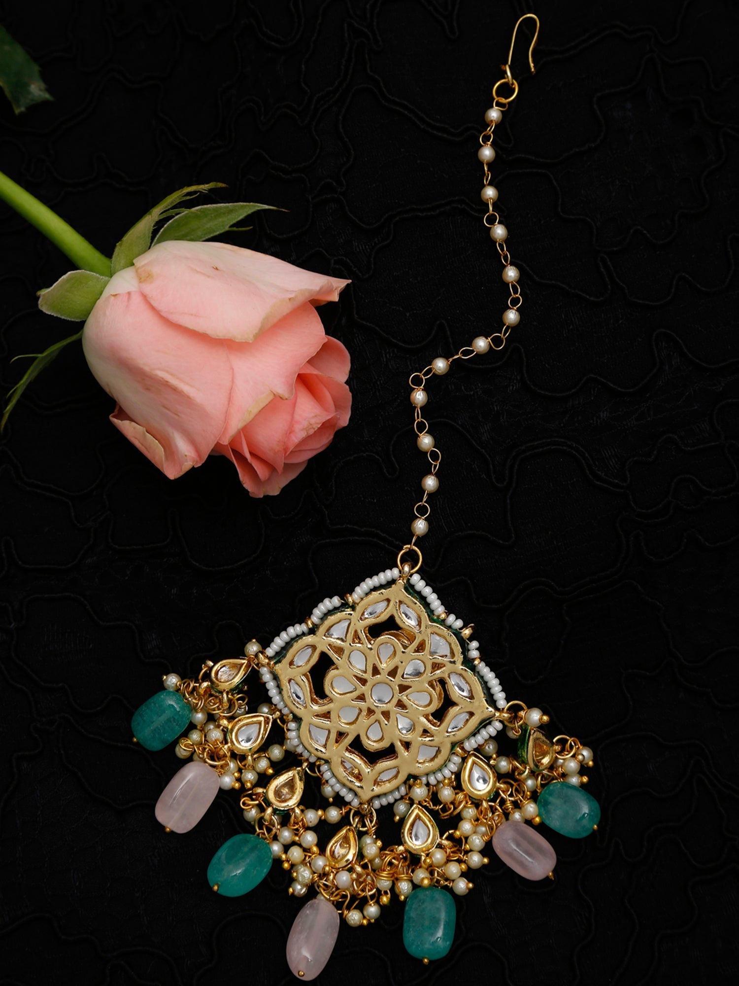 Multicoloured Gold-Polished Kundan Maang Tikka - Ruby Raang | Grocsy