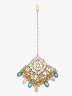Multicoloured Gold-Polished Kundan Maang Tikka - Ruby Raang | Grocsy