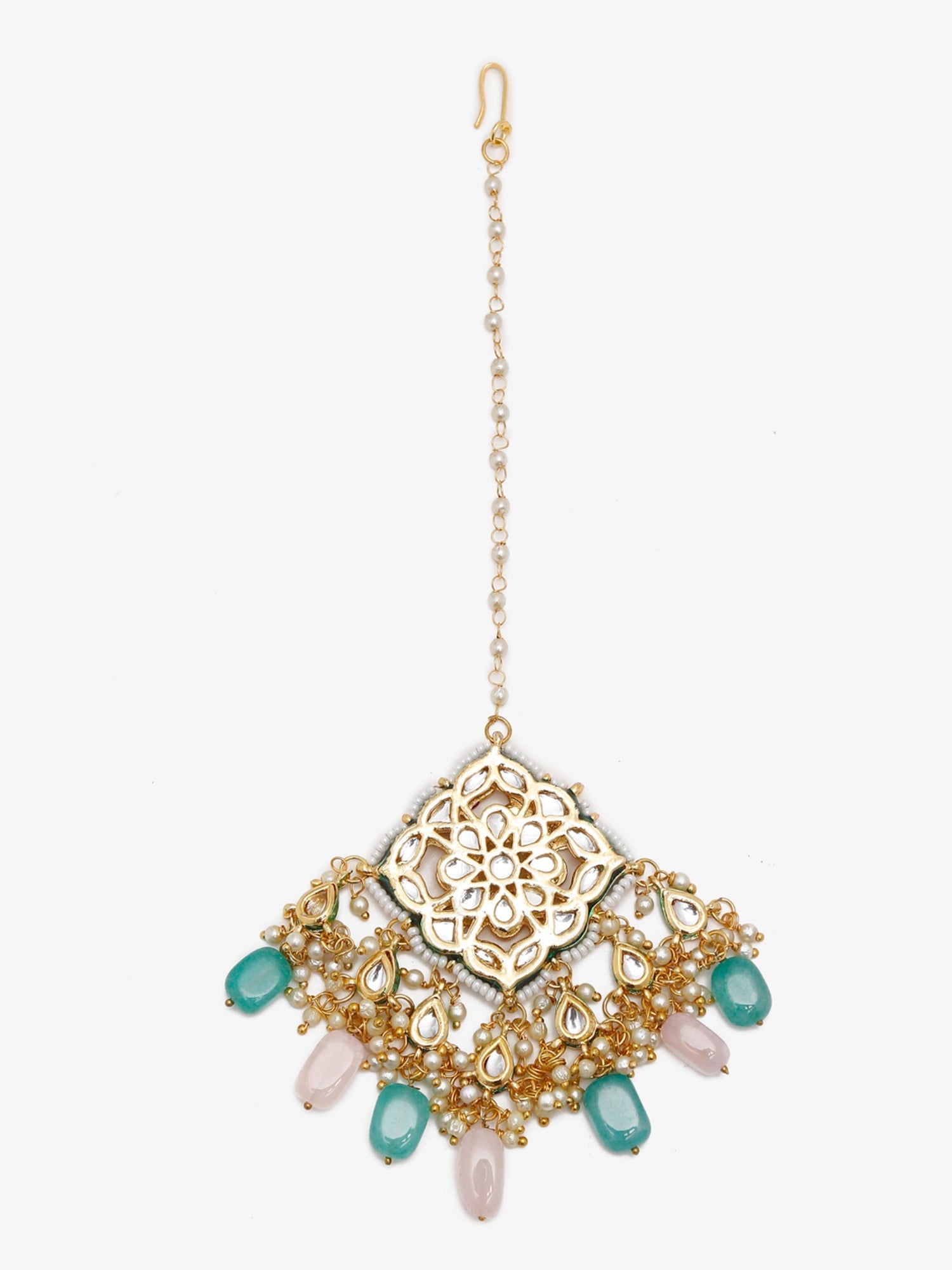 Multicoloured Gold-Polished Kundan Maang Tikka - Ruby Raang | Grocsy