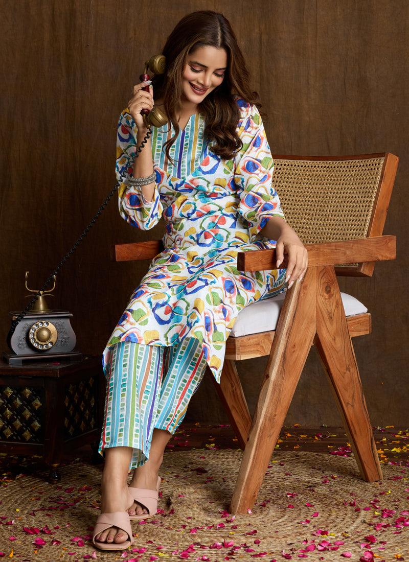 Prazu Fashion Multi Color Printed Cotton Blend Kurta Pant Set | Grocsy