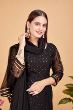 Women's A-Line Black Kurta and Sharara With Dupatta Set - A2M | Grocsy
