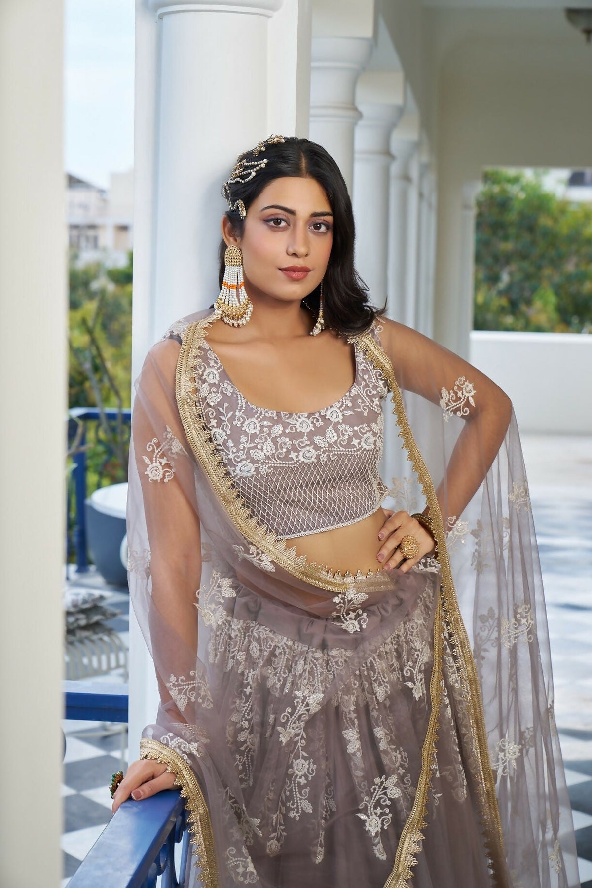 Eilara Glamorous Light Dusty Brown Butterfly Net With Thread And Sequins Embroidered Work Lehenga Choli | Grocsy