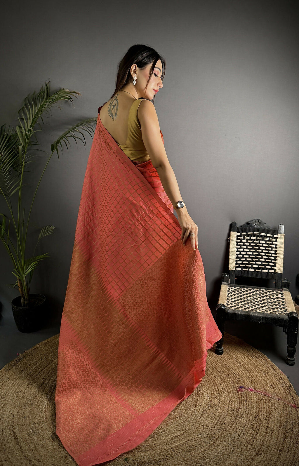 Joban Fashion Peach Banarasi Soft Lichi Silk Checks & Woven Saree | Grocsy