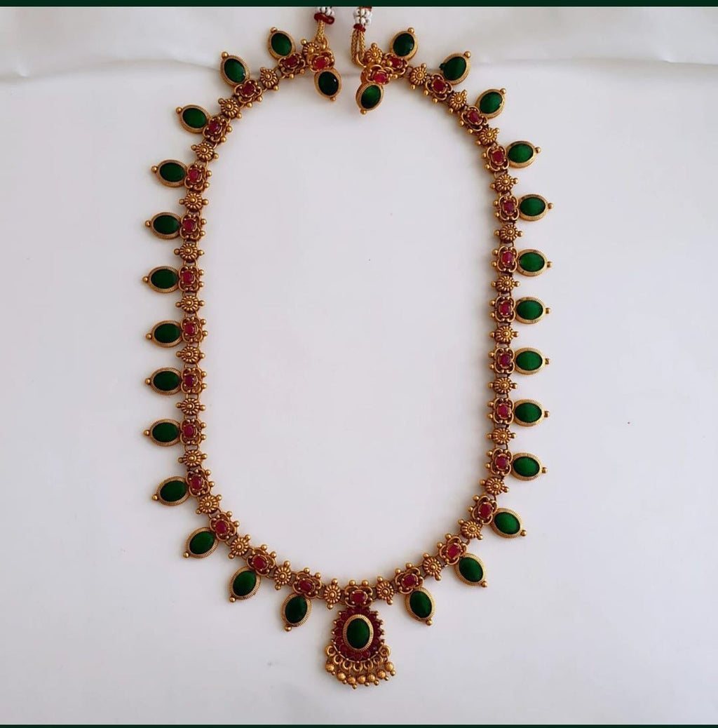 Jewel City Antique Gold-Plated Lakshmi Temple Necklace Set with Pearls & Green Stones for Women | Grocsy
