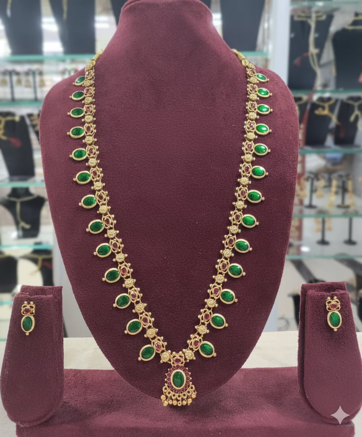 Jewel City Antique Gold-Plated Lakshmi Temple Necklace Set with Pearls & Green Stones for Women | Grocsy