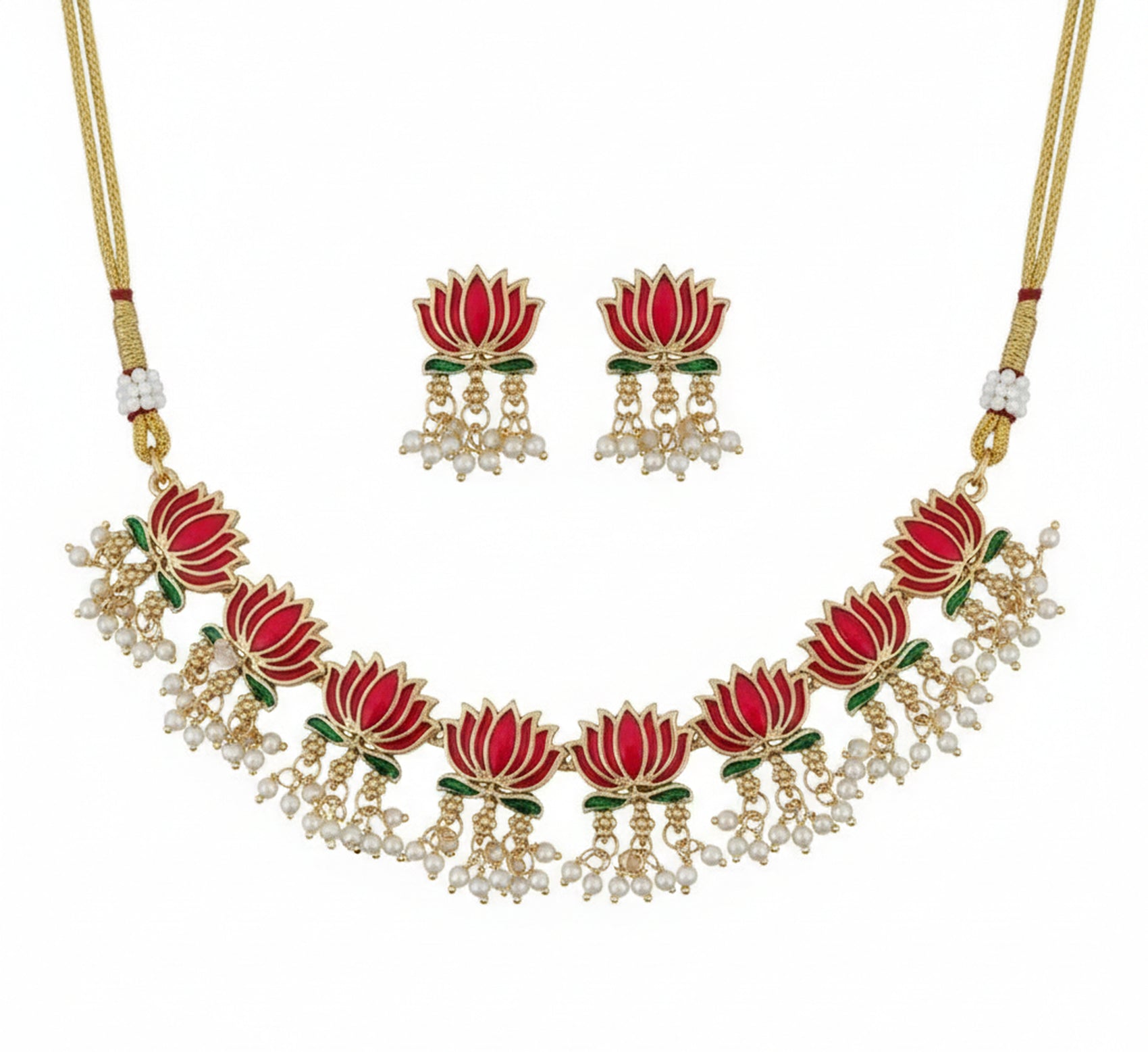 Jewel City Gold-Plated Traditional Handcrafted Multi-Color Lotus Kundan Necklace Set | Grocsy