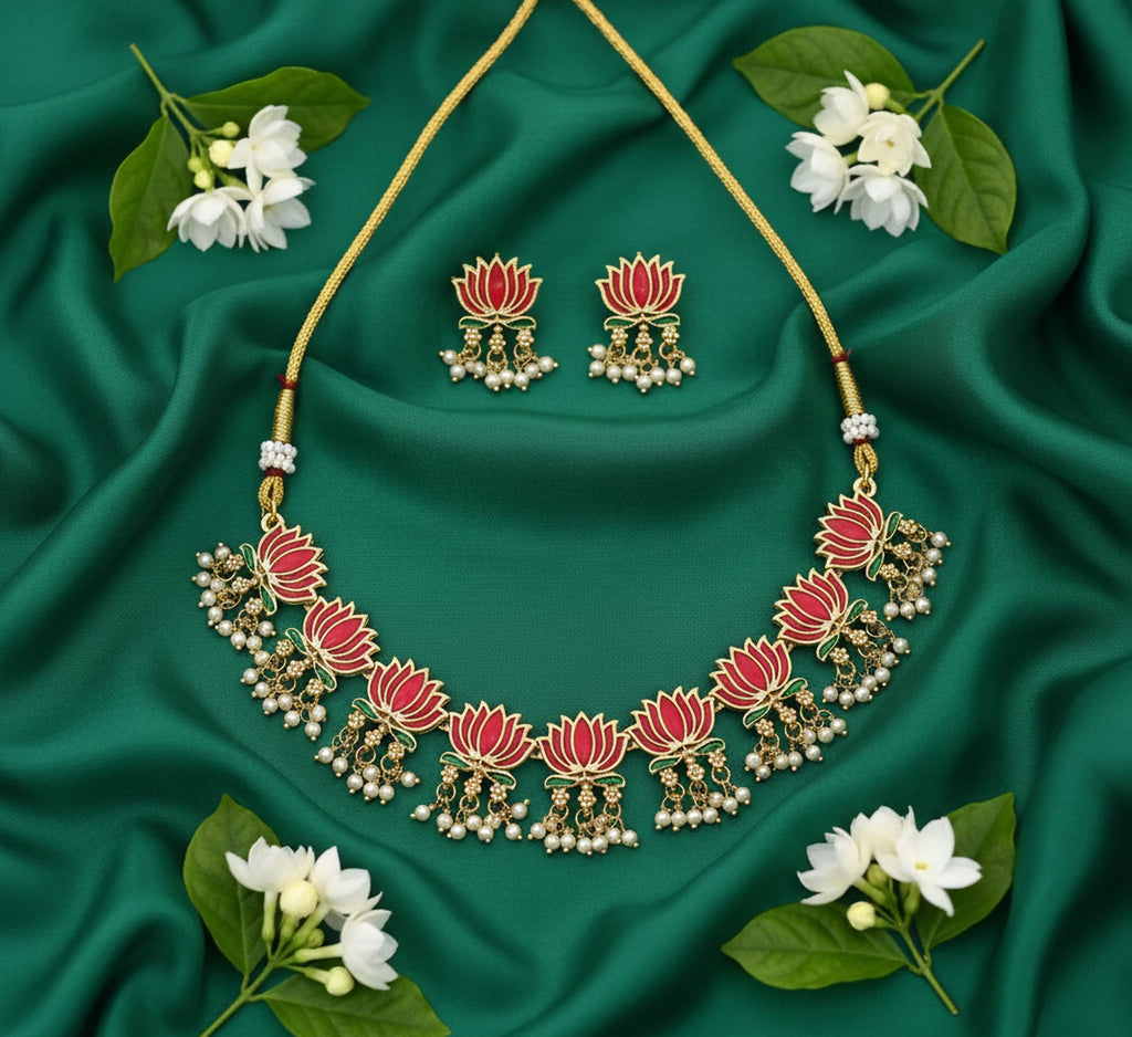 Jewel City Gold-Plated Traditional Handcrafted Multi-Color Lotus Kundan Necklace Set | Grocsy