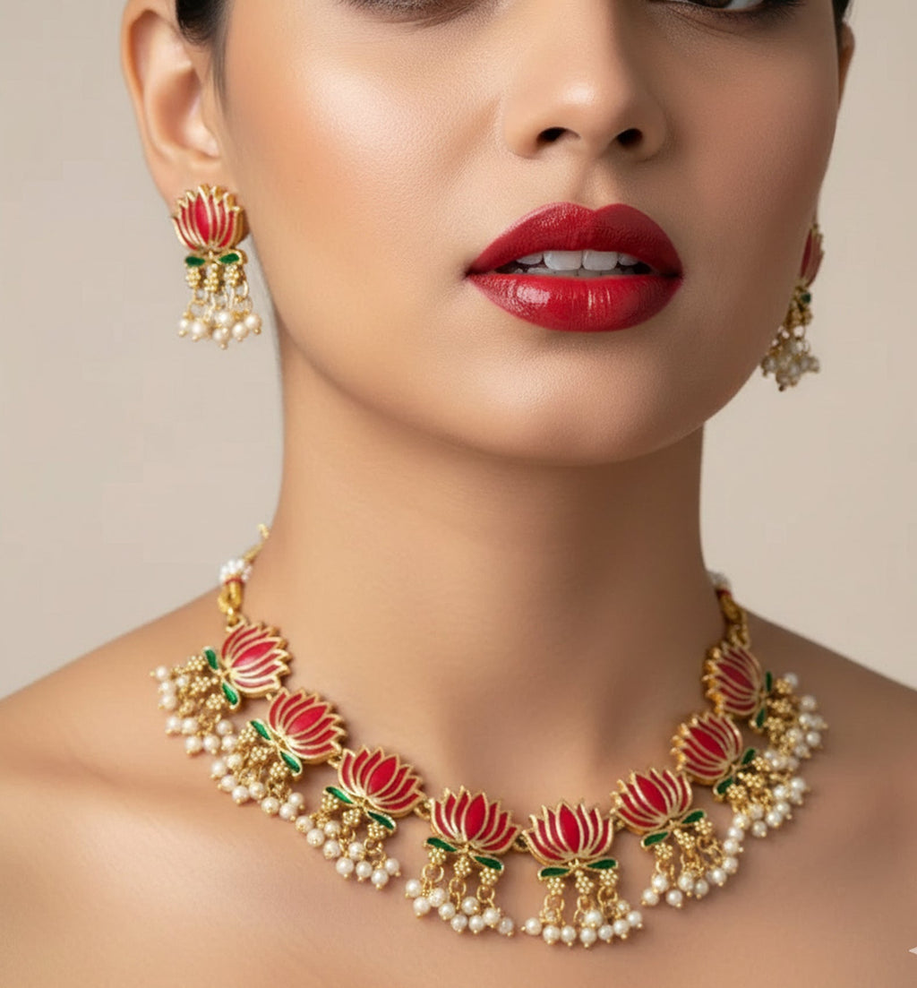 Jewel City Gold-Plated Traditional Handcrafted Multi-Color Lotus Kundan Necklace Set | Grocsy