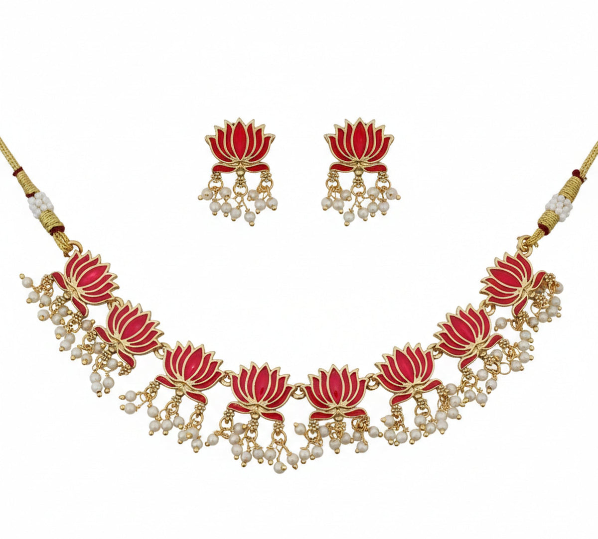 Jewel City Gold-Plated Traditional Handcrafted Red Lotus Kundan Necklace Set | Grocsy