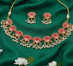 Jewel City Gold-Plated Traditional Handcrafted Red Lotus Kundan Necklace Set | Grocsy