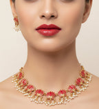 Jewel City Gold-Plated Traditional Handcrafted Red Lotus Kundan Necklace Set | Grocsy