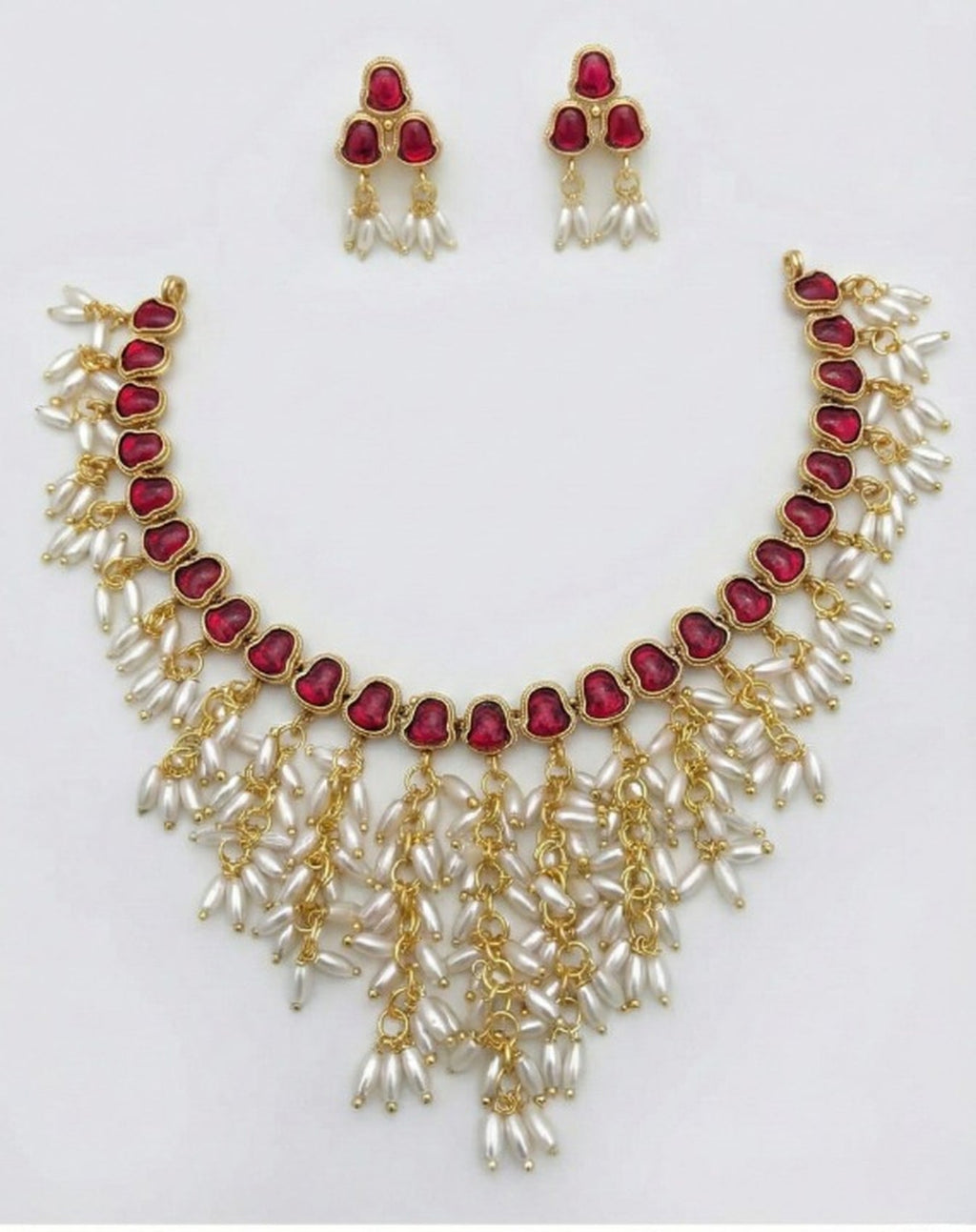 Jewel City Gold Plated Red Pearl Necklace Set | Grocsy
