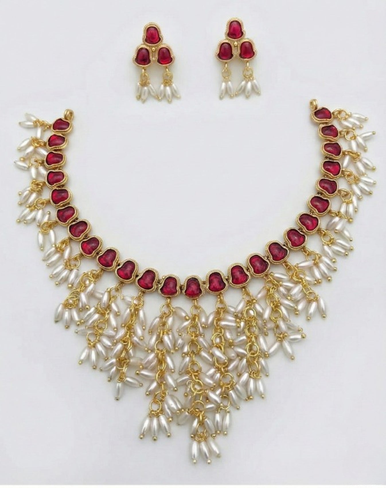 Jewel City Gold Plated Red Pearl Necklace Set | Grocsy