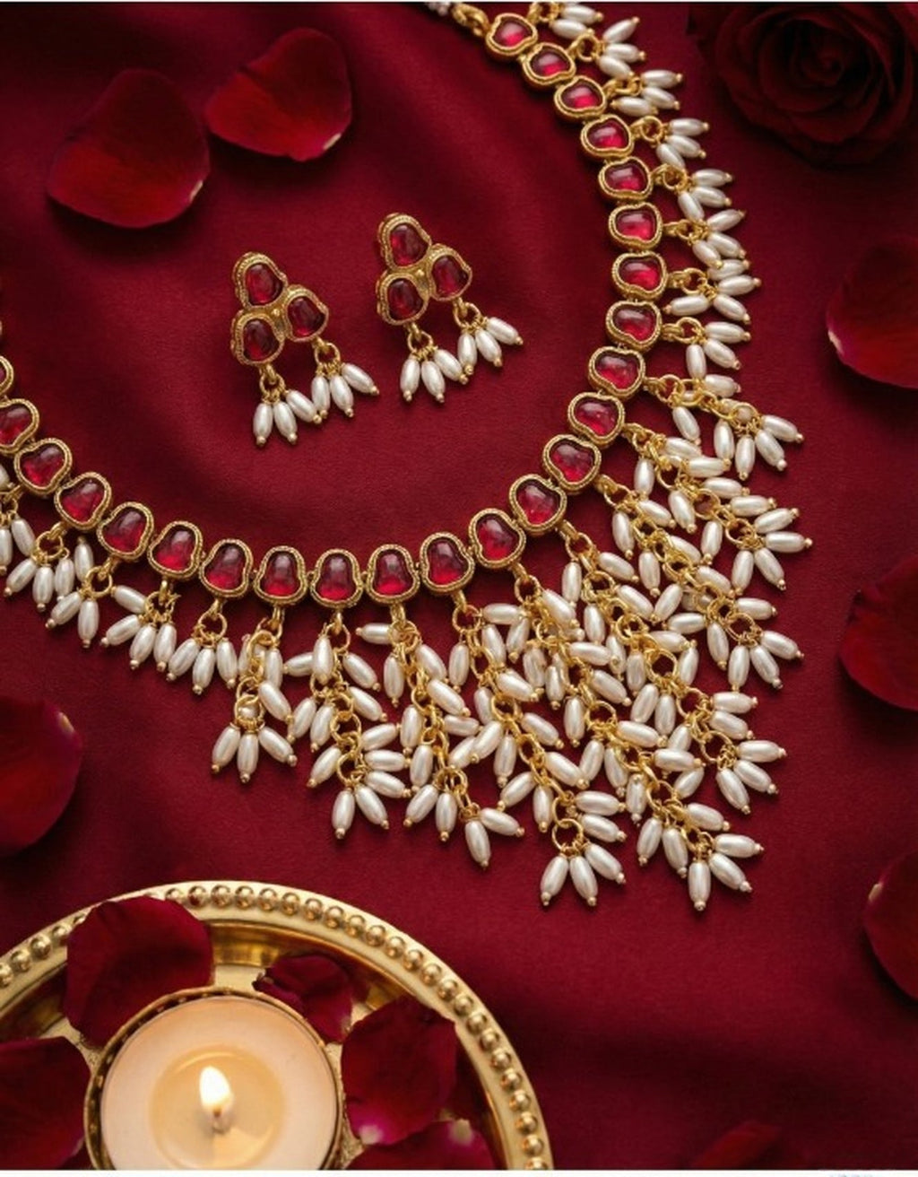 Jewel City Gold Plated Red Pearl Necklace Set | Grocsy