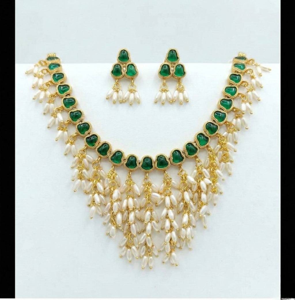 Jewel City Gold Plated Green Pearl Necklace Set | Grocsy