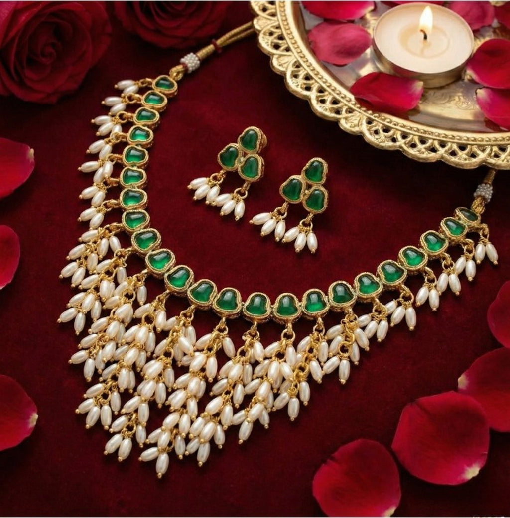 Jewel City Gold Plated Green Pearl Necklace Set | Grocsy