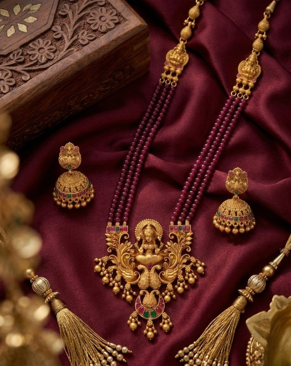 Jewel City Antique-Finish Goddess Ruby Beaded Necklace & Stud Earring Set - Traditional Kemp Stone Temple Jewelry | Grocsy