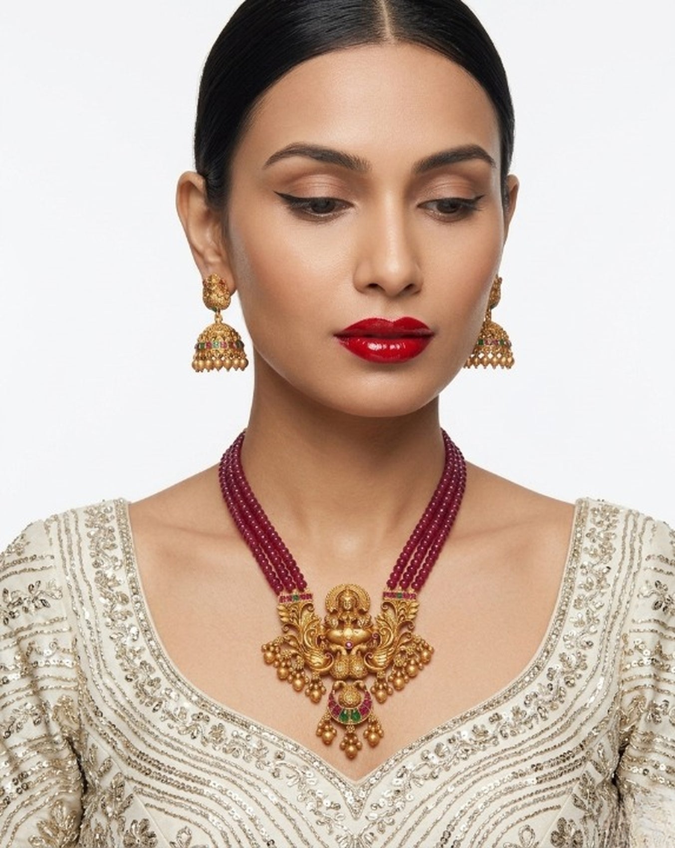 Jewel City Antique-Finish Goddess Ruby Beaded Necklace & Stud Earring Set - Traditional Kemp Stone Temple Jewelry | Grocsy