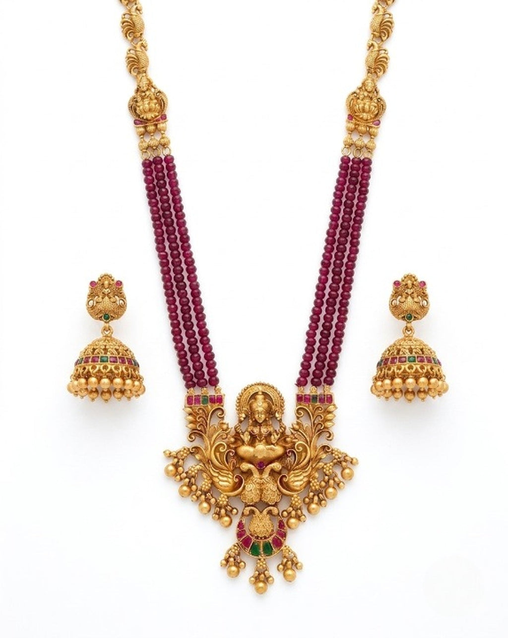 Jewel City Antique-Finish Goddess Ruby Beaded Necklace & Stud Earring Set - Traditional Kemp Stone Temple Jewelry | Grocsy