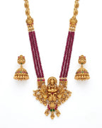 Jewel City Antique-Finish Goddess Ruby Beaded Necklace & Stud Earring Set - Traditional Kemp Stone Temple Jewelry | Grocsy