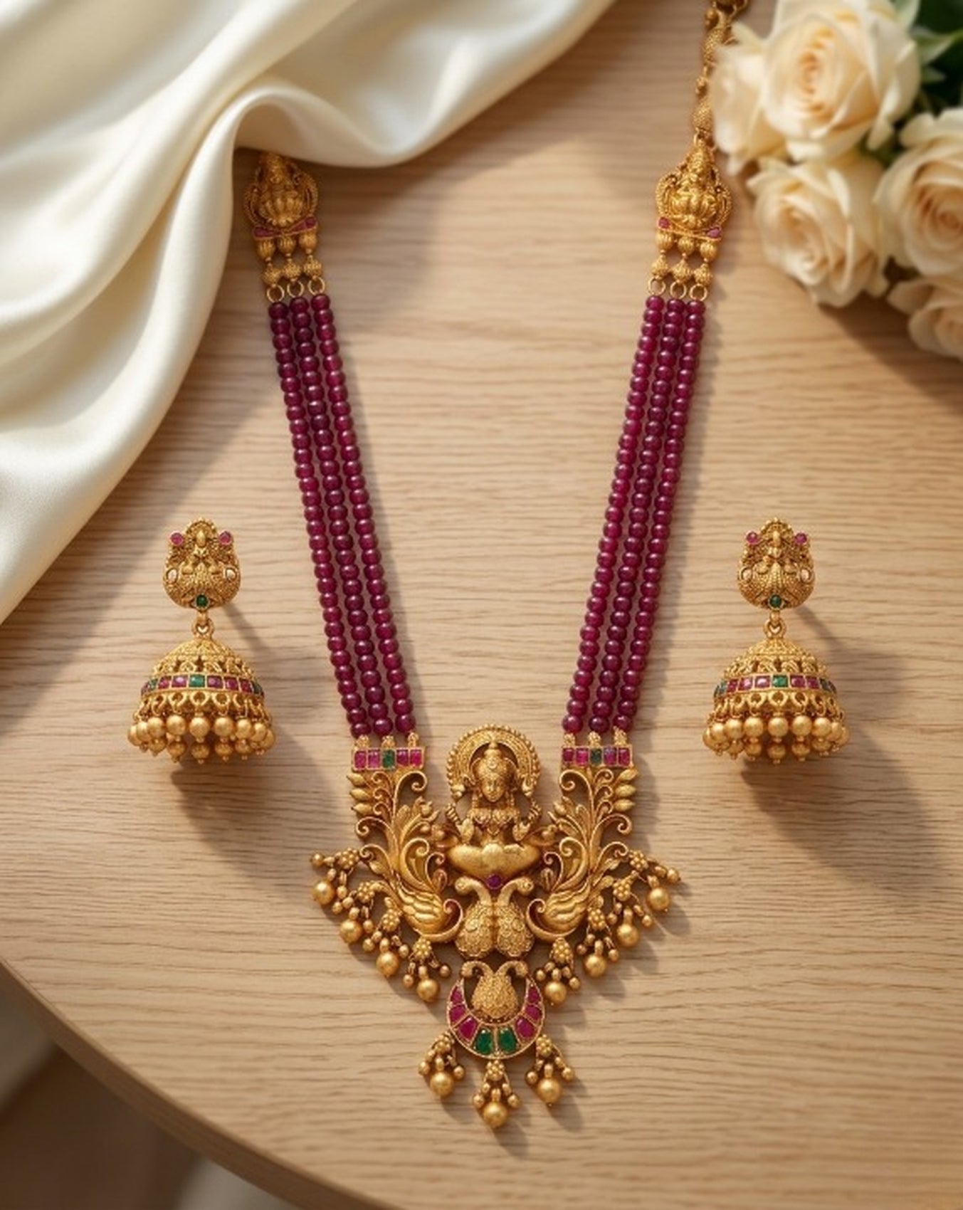 Jewel City Antique-Finish Goddess Ruby Beaded Necklace & Stud Earring Set - Traditional Kemp Stone Temple Jewelry | Grocsy