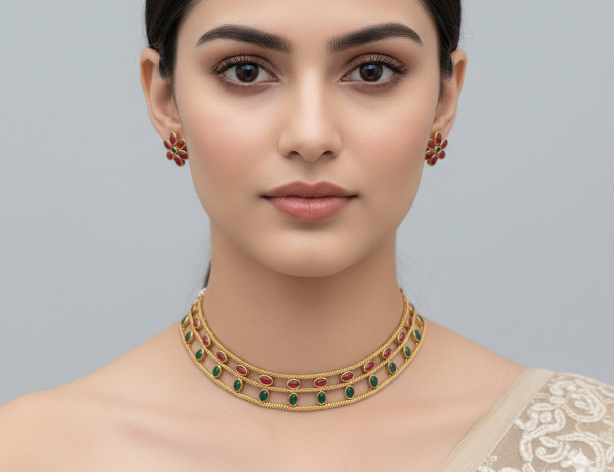 Jewel City Elegant Gold-Plated Ruby & Emerald choker with Floral Stud Earrings | Traditional Ethnic Jewelry Set | Grocsy