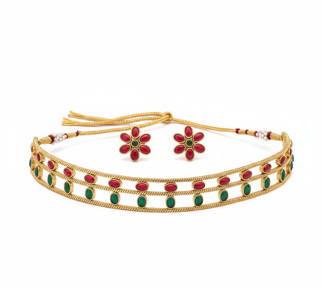 Jewel City Elegant Gold-Plated Ruby & Emerald choker with Floral Stud Earrings | Traditional Ethnic Jewelry Set | Grocsy