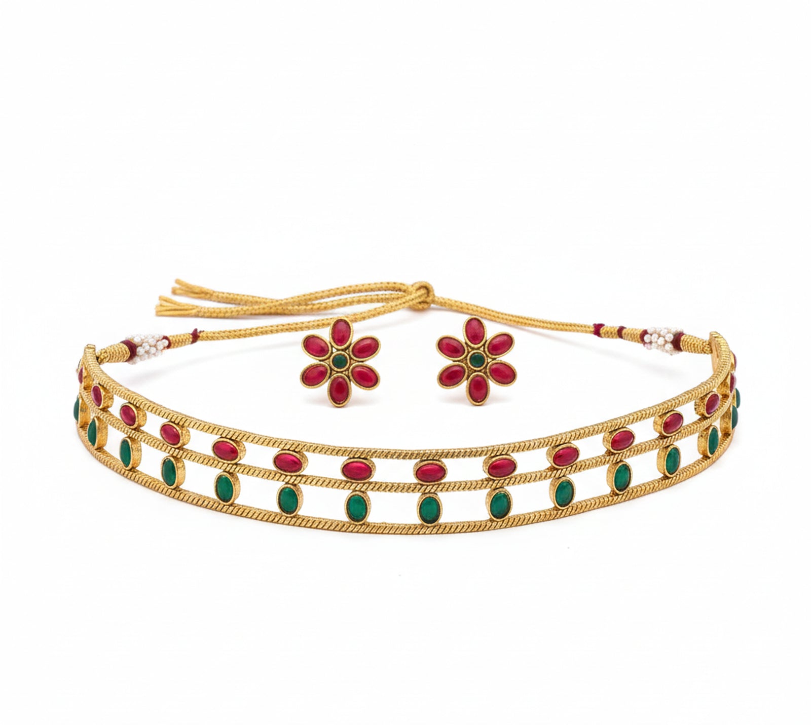 Jewel City Elegant Gold-Plated Ruby & Emerald choker with Floral Stud Earrings | Traditional Ethnic Jewelry Set | Grocsy