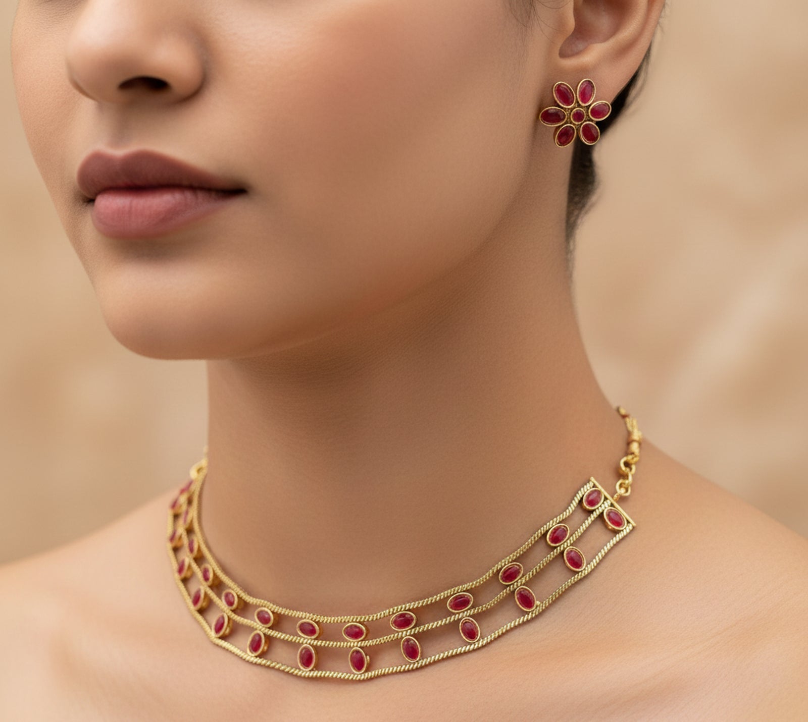 Jewel City Elegant Gold-Plated Ruby choker with Floral Stud Earrings | Traditional Ethnic Jewelry Set | Grocsy
