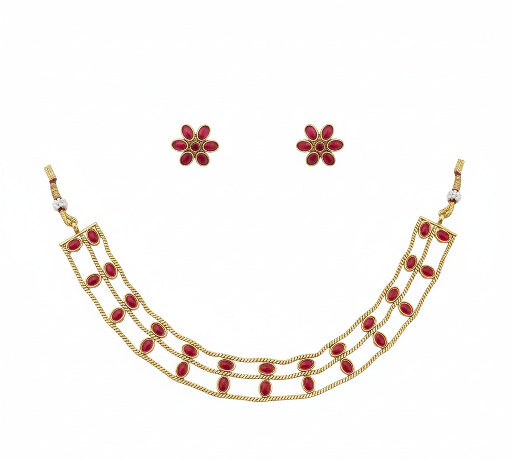 Jewel City Elegant Gold-Plated Ruby choker with Floral Stud Earrings | Traditional Ethnic Jewelry Set | Grocsy