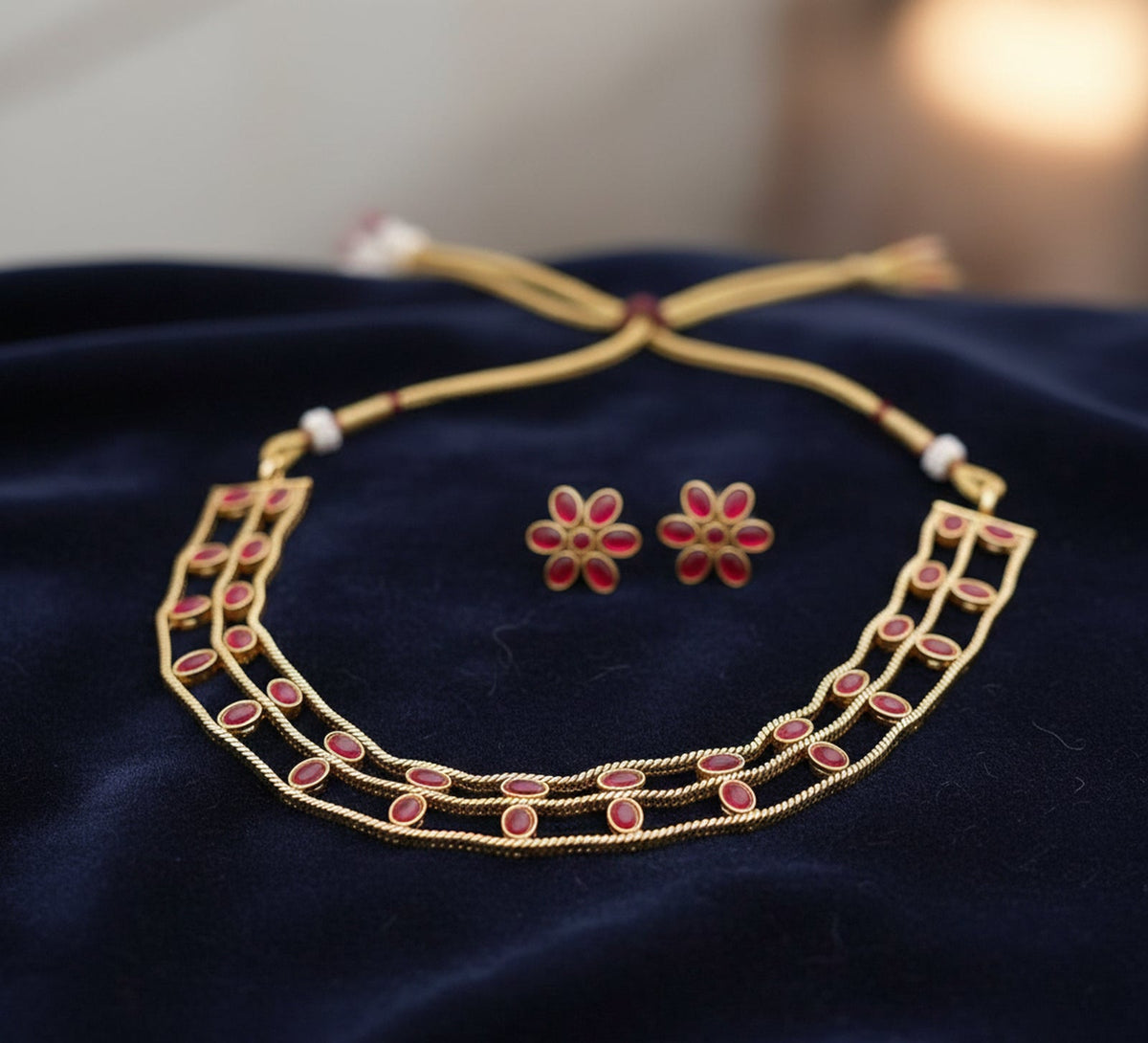 Jewel City Elegant Gold-Plated Ruby choker with Floral Stud Earrings | Traditional Ethnic Jewelry Set | Grocsy