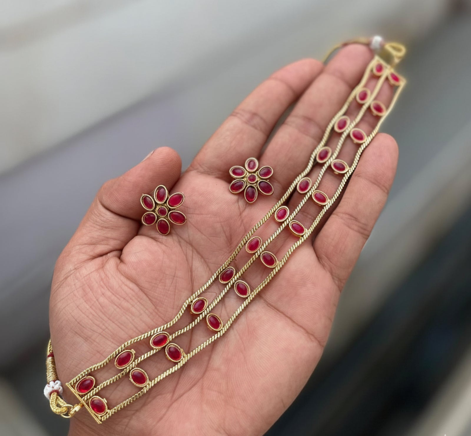 Jewel City Elegant Gold-Plated Ruby choker with Floral Stud Earrings | Traditional Ethnic Jewelry Set | Grocsy