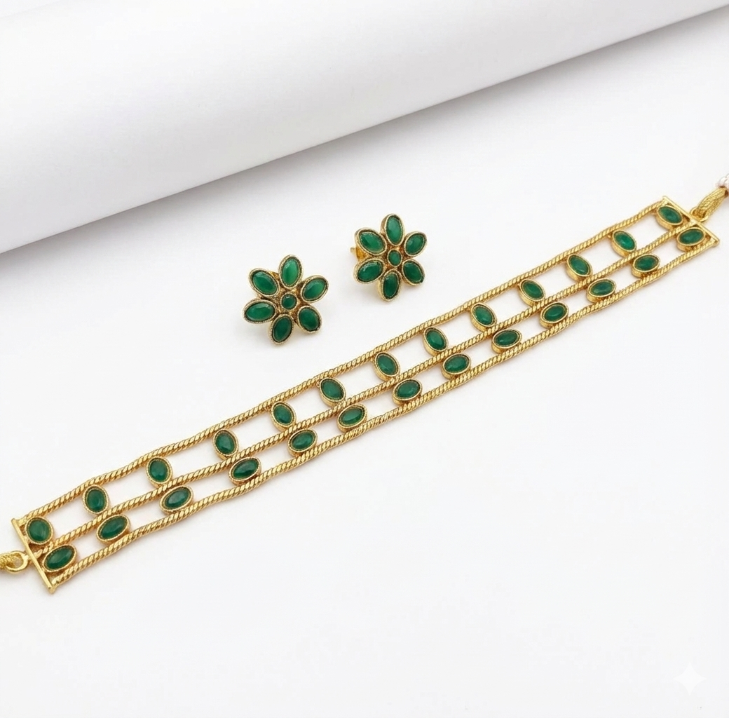 Jewel City Elegant Gold-Plated Green choker with Floral Stud Earrings | Traditional Ethnic Jewelry Set | Grocsy