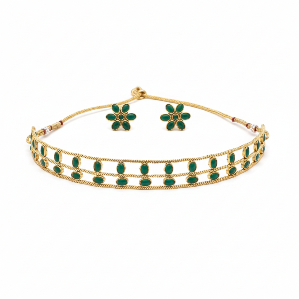Jewel City Elegant Gold-Plated Green choker with Floral Stud Earrings | Traditional Ethnic Jewelry Set | Grocsy